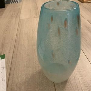 Large Art Glass Vase 11 3/4”H Light Blue w/ Splatter of Gold Tone Colors